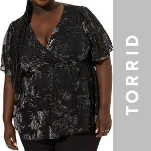 Peplum Velvet Burnout Surplice Short Sleeve Top